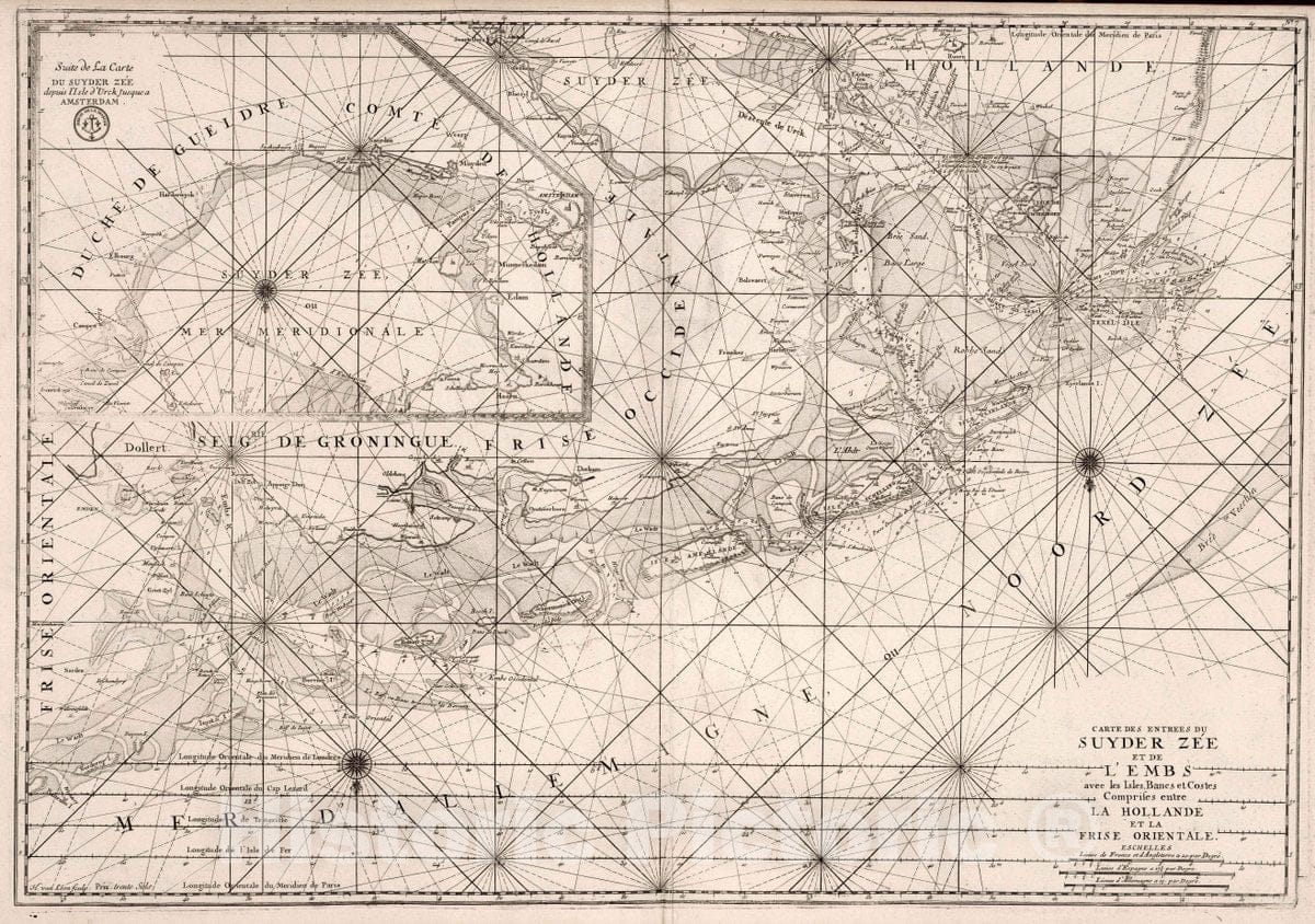 Historic Map : Netherlands, Zuiderzee Carte des Entrees du Suyder Zee et de L'Embs La Hollande et la Frise Orientale, 1773 Chart , Vintage Wall Art