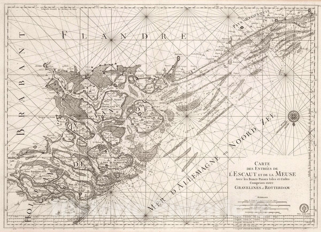 Historic Map : Netherlands, North Sea Carte des Entrees de L'Escaut et de la Meuse Entre Gravelines et Rotterdam, 1773 Chart , Vintage Wall Art