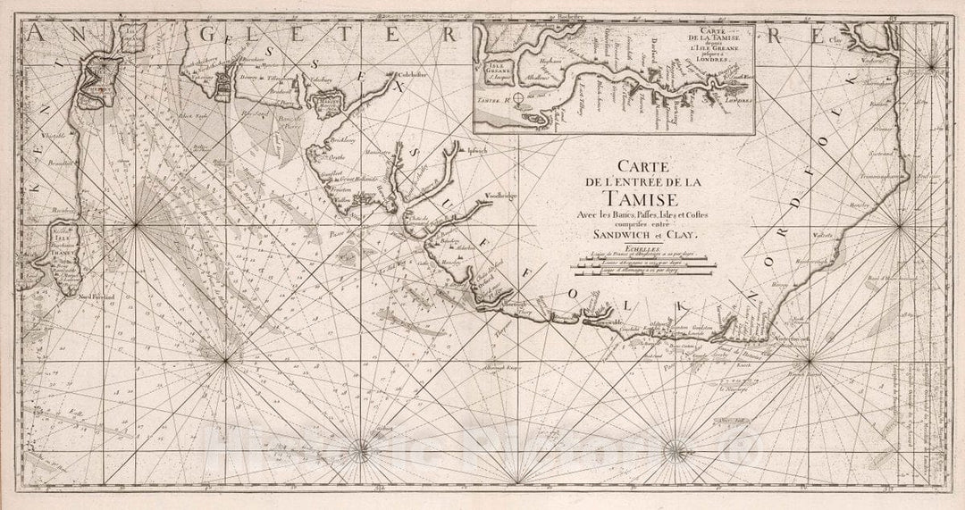 Historic Map : England, Thames River (England) Carte de L'Entree de la Tamise Sandwich et Clay. , Vintage Wall Art