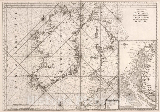 Historic Map : Ireland, Irish Sea Carte Generale des Costes D'Irlande D'Angleterre D'Ecosse, 1773 Chart , Vintage Wall Art