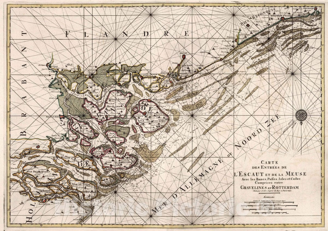 Historic Map : Netherlands, North Sea Carte des Entrees de L'Escaut et de la Meuse Entre Gravelines et Rotterdam, 1693 Chart , Vintage Wall Art