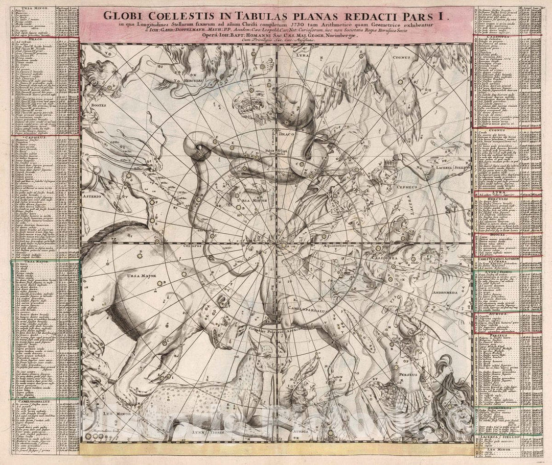 Historic Map - Globi Coelestis In Tabulas Planas Redacti Pars I in qua Longitudines Stellarum fixarum/Gnomonic projection of the constellations, 1730 - Vintage Wall Art