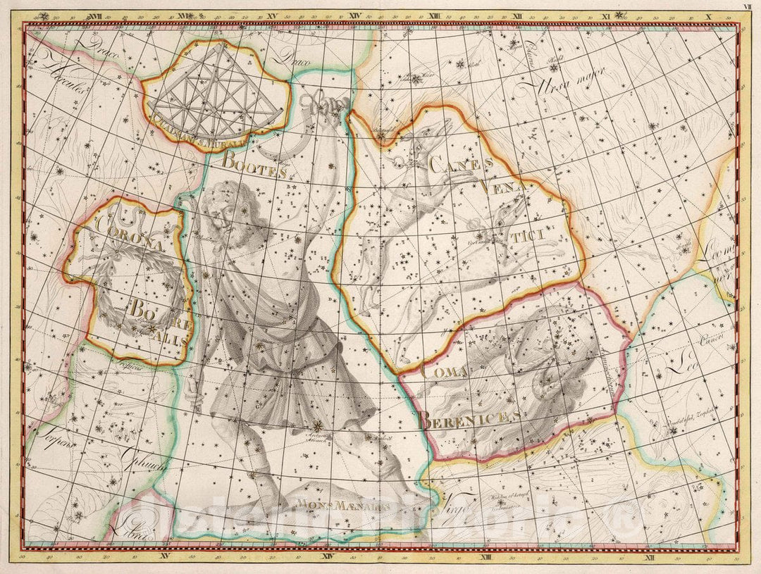 Historic Map : VII. Bootes et Mons Maenalus. Coelum Stellatum, 1801 Celestial Atlas - Vintage Wall Art