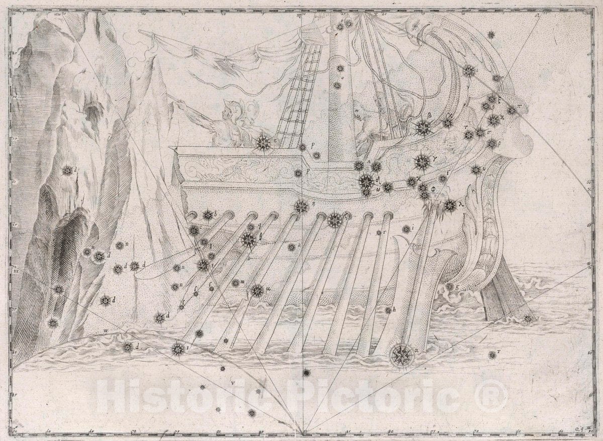 Historic Map : Constellation: Argo Navis, Ship, 1655 Celestial Atlas - Vintage Wall Art