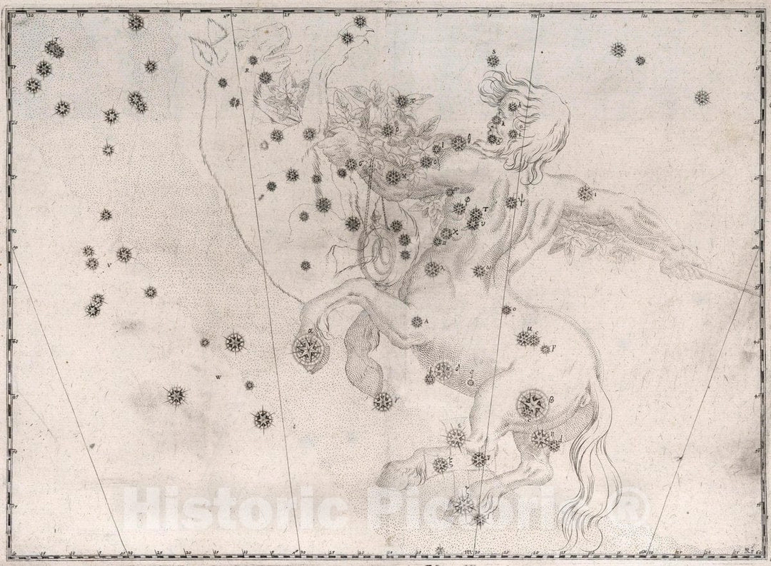 Historic Map : Constellation: Centaurus, Centaur with Spear; Lupus, The Wolf, 1655 Celestial Atlas - Vintage Wall Art