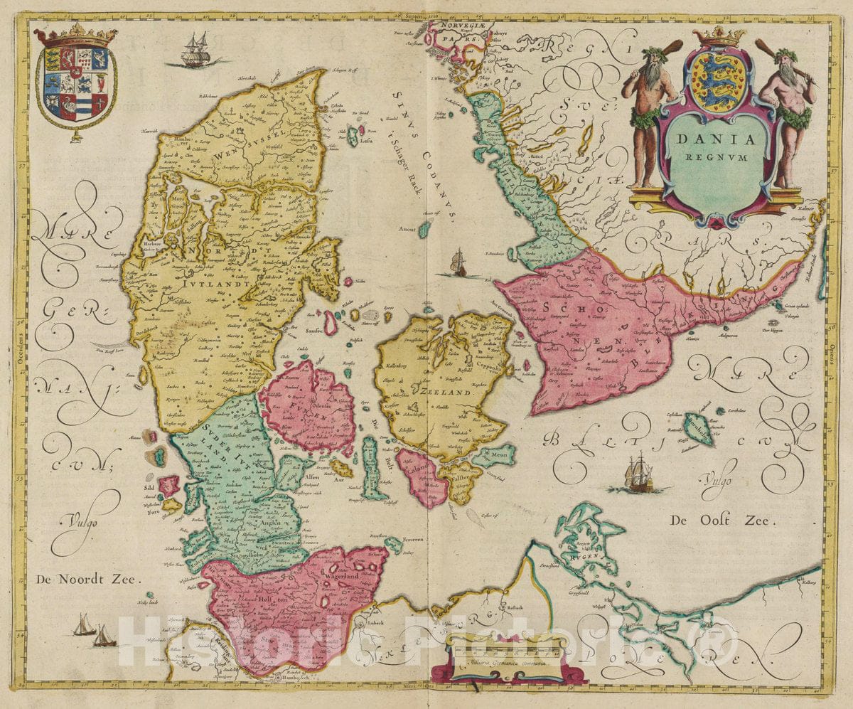 Historic Map : Denmark, Atlas Maior Sive Cosmographia Blaviana, Qua Solvm, Salvm, Coelvm, Accvratissime Describvntvr. Dania Regnvm, 1665 Atlas , Vintage Wall Art