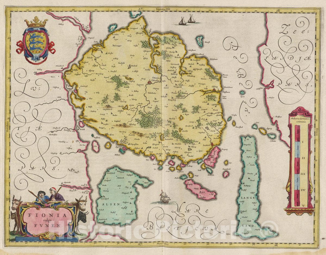 Historic Map : Denmark, Funen Island (Denmark) Atlas Maior Sive Cosmographia Blaviana, Fionia vulgo Fvnen, 1665 Atlas , Vintage Wall Art