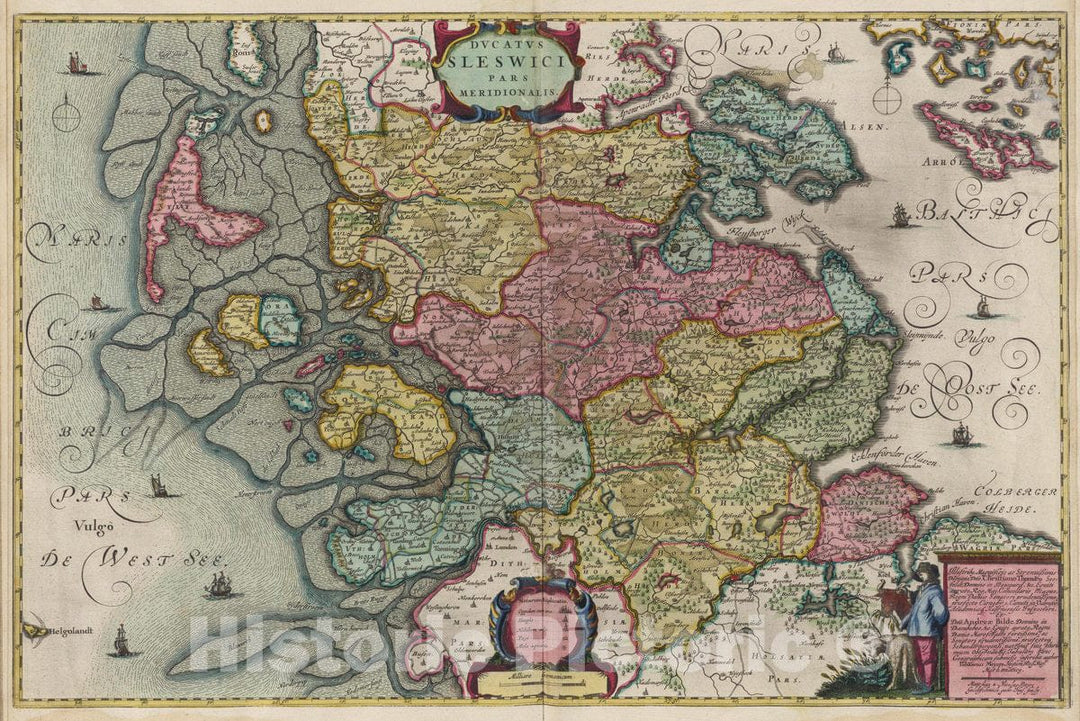 Historic Map : Germany, Schleswig , Germany Dvcatvs Sleswici Pars Meridionalis, 1665 Atlas , Vintage Wall Art