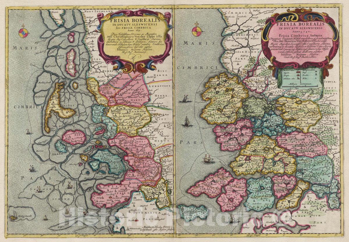 Historic Map : Denmark, Friesland (Denmark) Frisia Borealis Anno 1651 [Left]; Frisia Borealis Anno 1240 [Right], 1665 Atlas , Vintage Wall Art