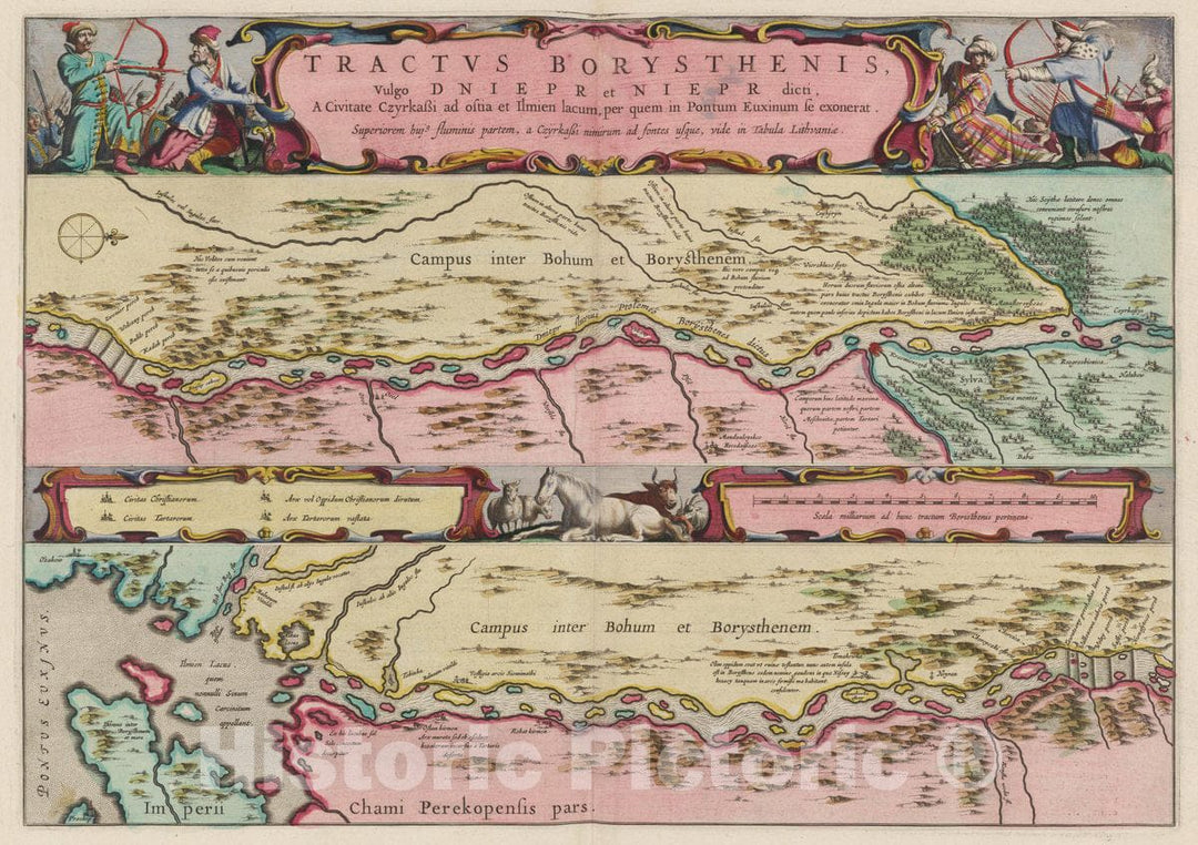 Historic Map : Ukraine, Dniepner River (Ukraine) Tractvs Borysthenis Vulgo Dniepr et Niepr dicti, a civitate Czarkassi ad ostiaa?, 1665 Atlas , Vintage Wall Art