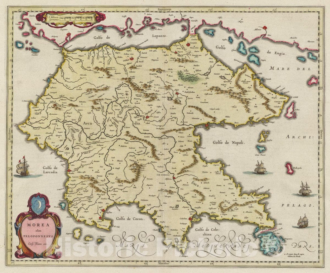 Historic Map : Greece, Peloponnesus Morea olim Peloponnesus, 1665 Atlas , Vintage Wall Art