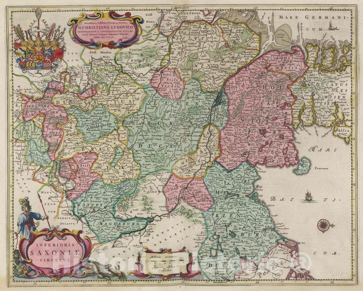 Historic Map : Germany, Saxony , Germany Inferioris Saxoniae Circvlvs, 1665 Atlas , Vintage Wall Art