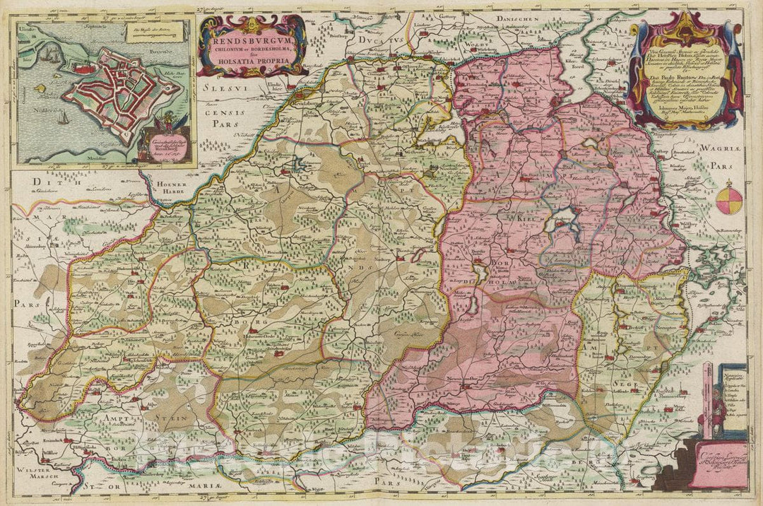 Historic Map : Germany, Rendsbvrgvm, Chilonivm et Bordesholma, 1665 Atlas , Vintage Wall Art