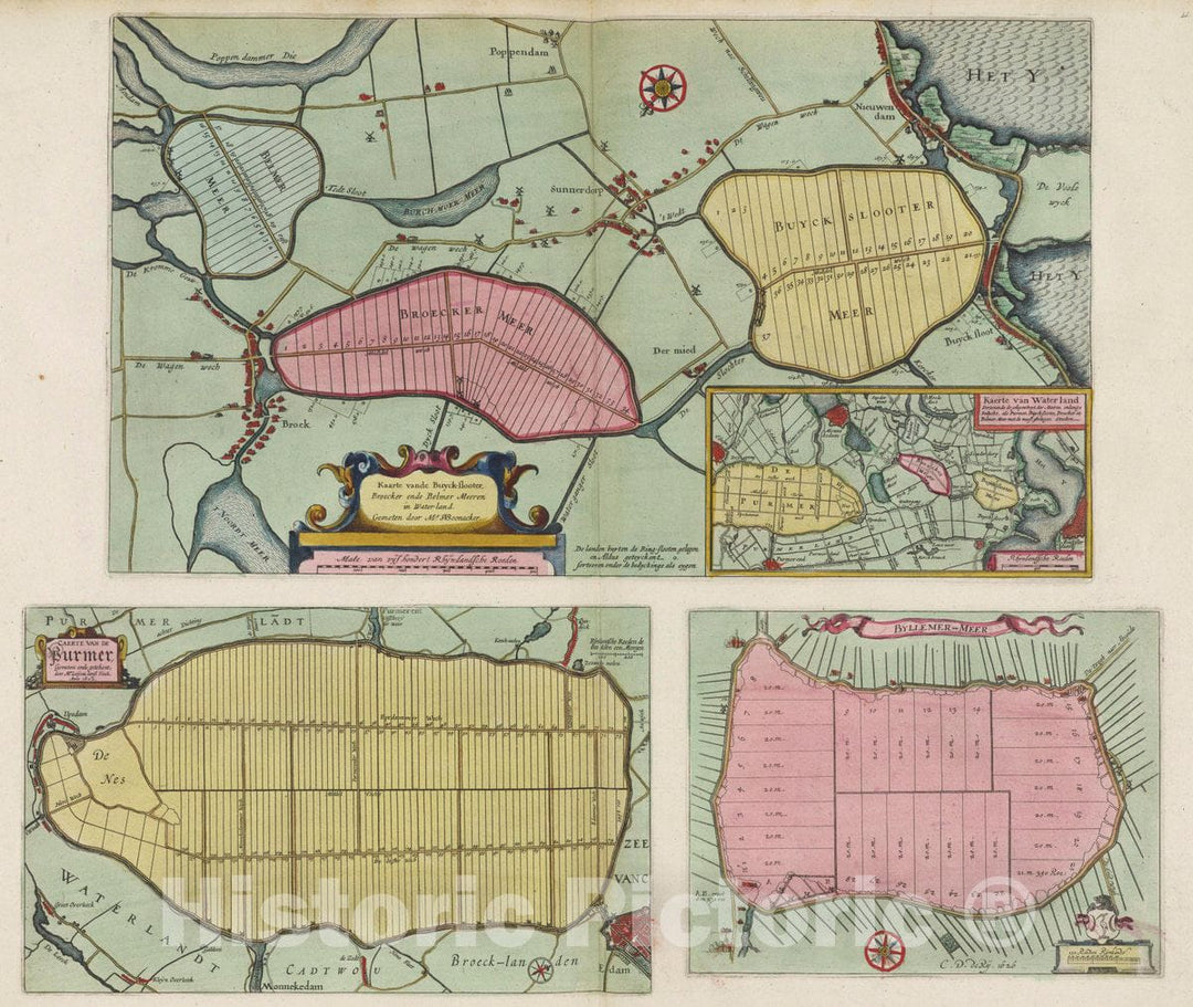 Historic Map : Netherlands, [a] Kaarte vande Buyck-slooter. Meeren; [b] Caerte Van De Purmer; [c] Byllemer-Meer, 1665 Atlas , Vintage Wall Art