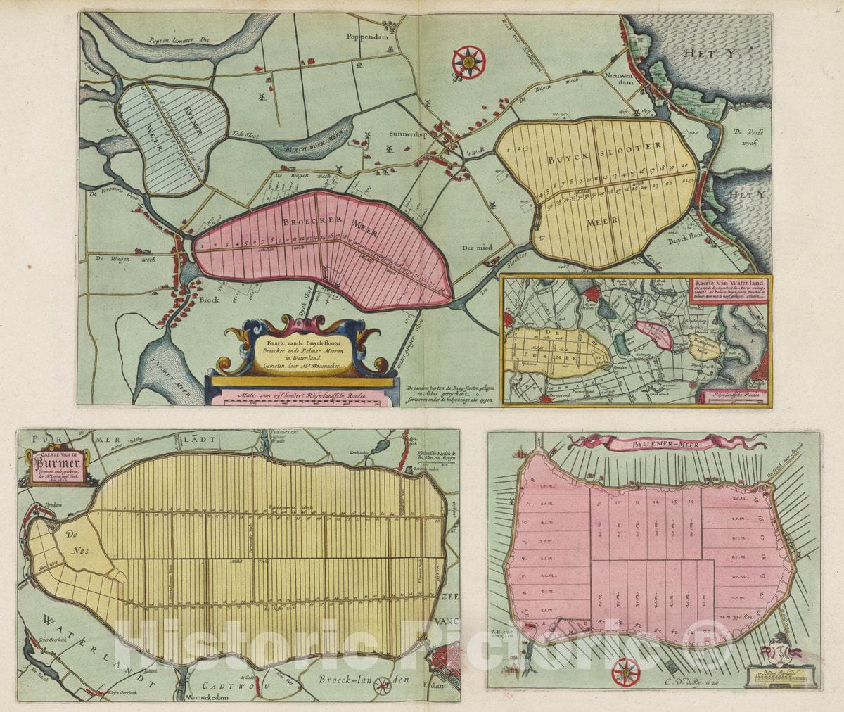 Historic Map : Netherlands, [a] Kaarte vande Buyck-slooter. Meeren; [b] Caerte Van De Purmer; [c] Byllemer-Meer, 1665 Atlas , Vintage Wall Art