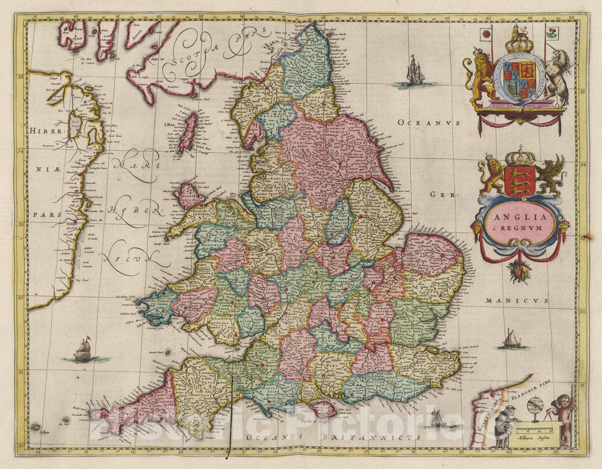 Historic Map : England, Atlas Maior Sive Cosmographia Blaviana, Qua Solvm, Salvm, Coelvm, Accvratissime Describvntvr. Anglia Regnvm, 1665 Atlas , Vintage Wall Art