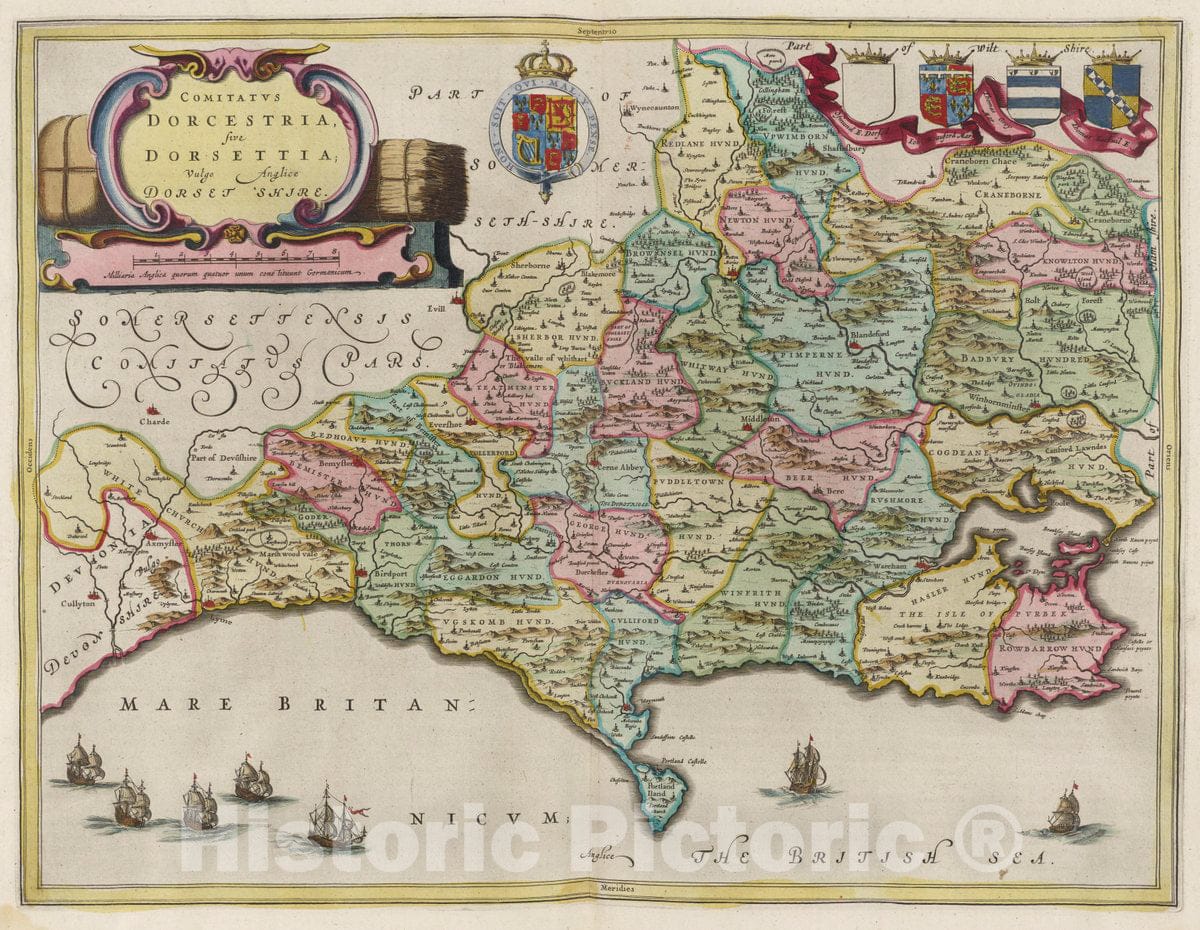 Historic Map : England, Comitatvs Dorcestria, sive Dorsettia, 1665 Atlas , Vintage Wall Art