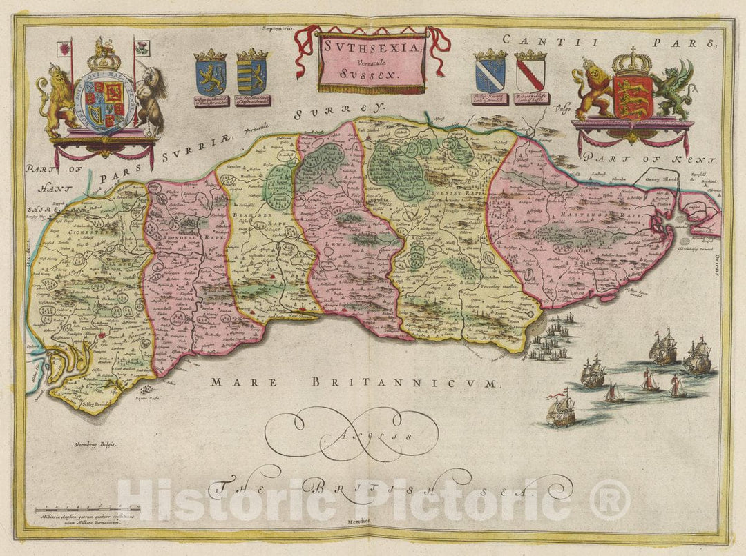 Historic Map : England, Svthsexia, Vernacule Svssex, 1665 Atlas , Vintage Wall Art