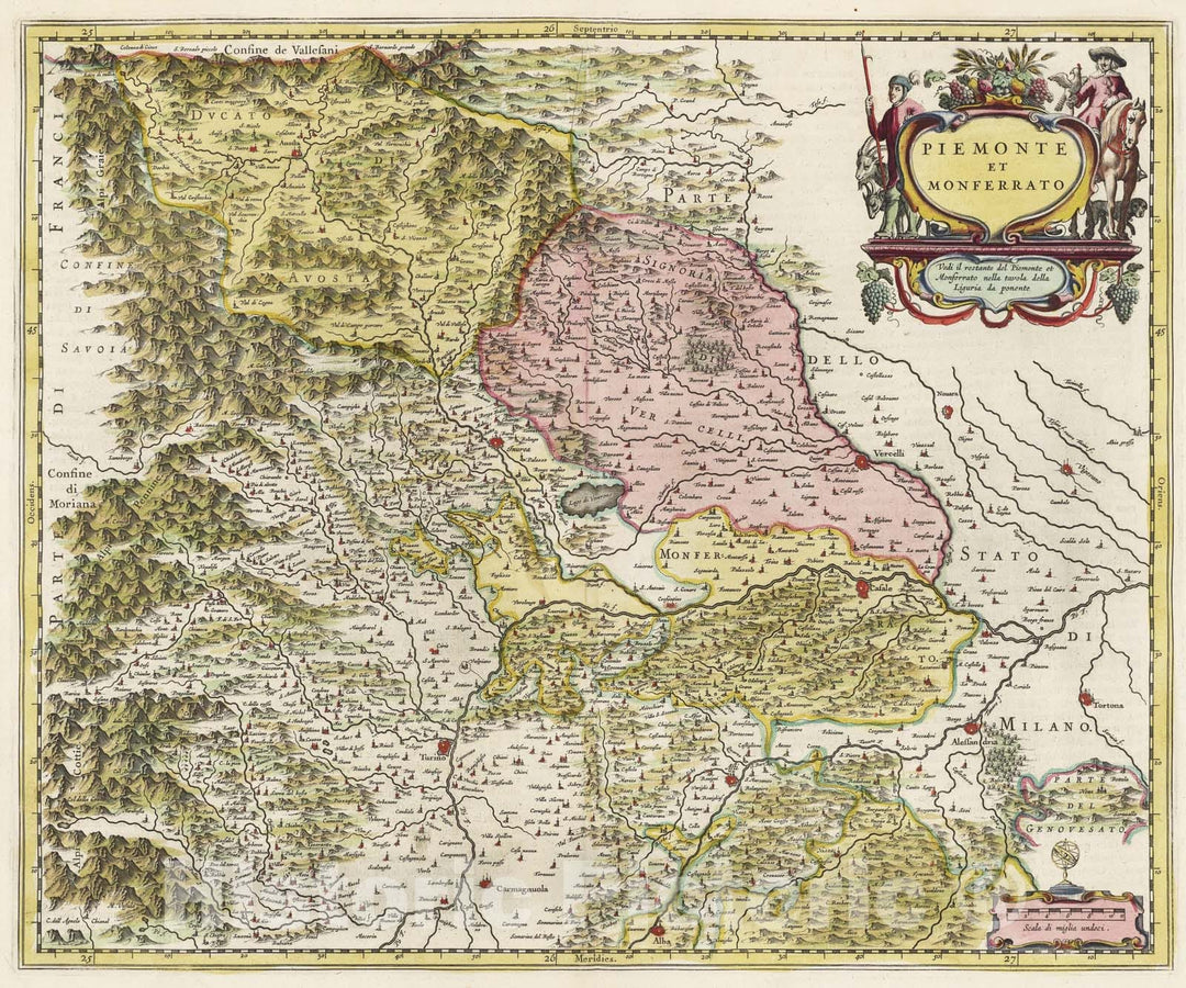 Historic Map : Italy, Piedmont, Italy Piemonte Et Monferrato, 1665 Atlas , Vintage Wall Art