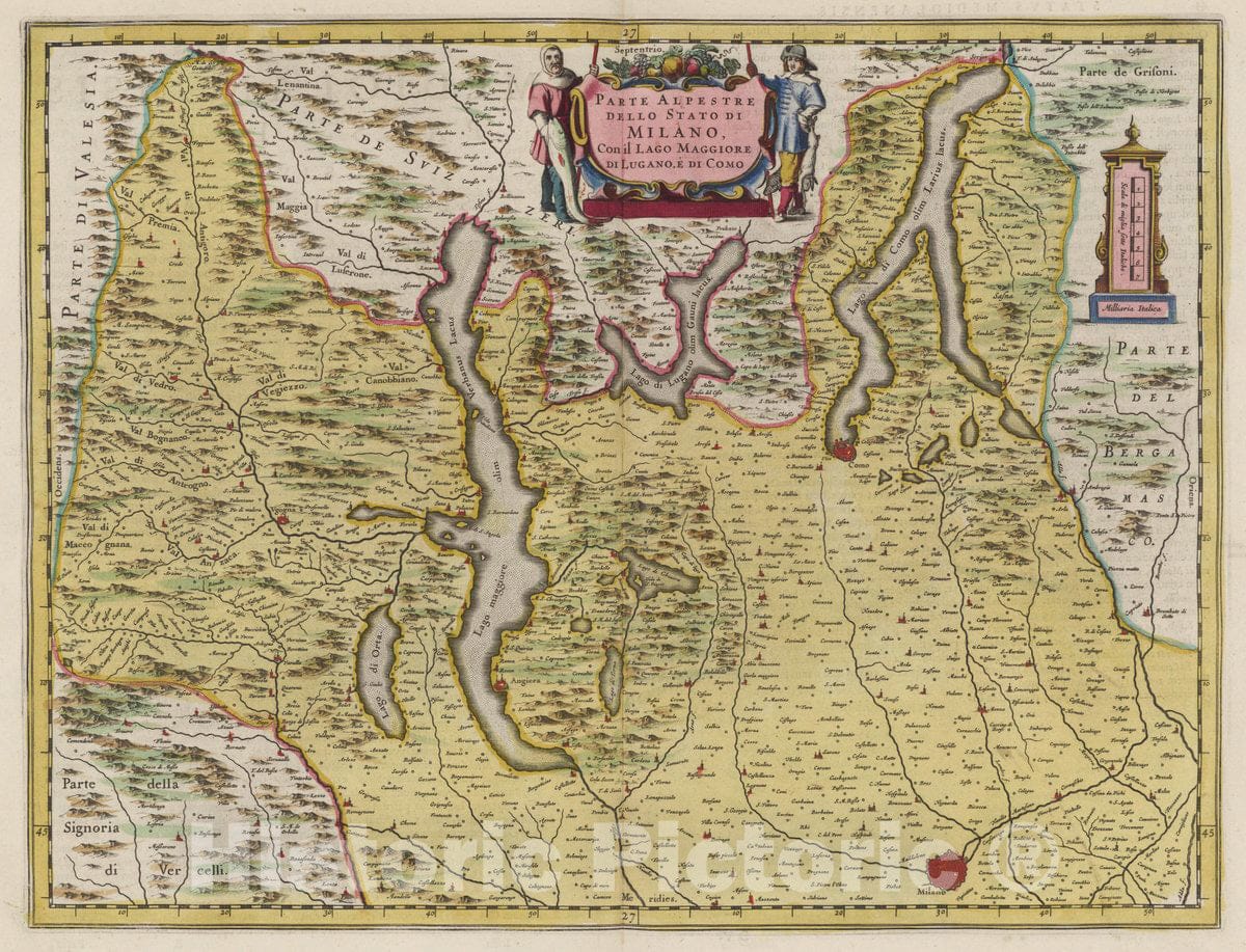 Historic Map : Italy, Milan Region (Italy) Parte Alpestre Dello Stato Di Milano, 1665 Atlas , Vintage Wall Art