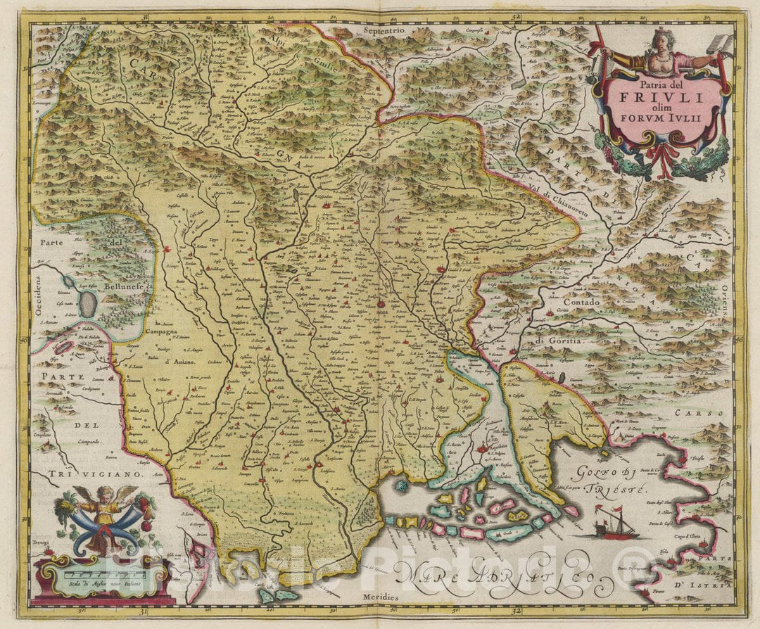 Historic Map : Italy, Trieste Region (Italy) Atlas Maior Sive Cosmographia Blaviana, Patria del Frivli, 1665 Atlas , Vintage Wall Art