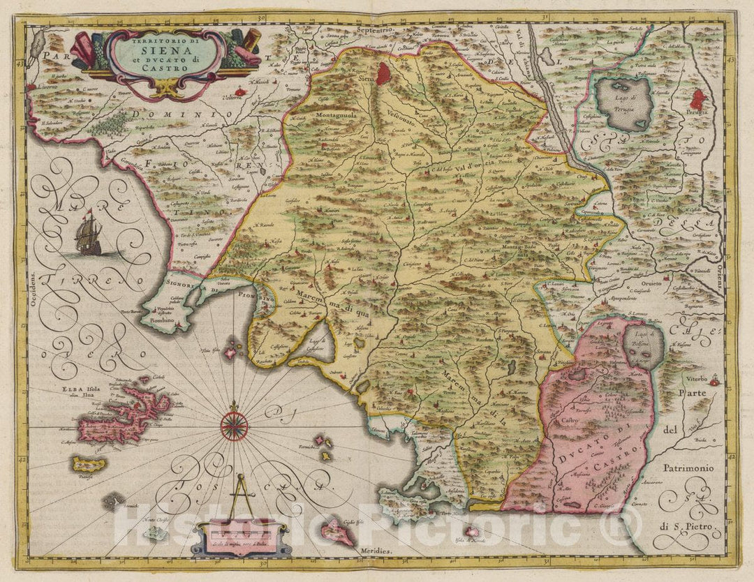 Historic Map : Italy, Siena Region (Italy) Territorio Di Siena et Dvcato di Castro, 1665 Atlas , Vintage Wall Art