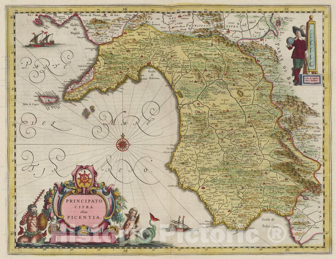 Historic Map : Italy, Salerno Region (Italy) Principato Citra olim Picentia, 1665 Atlas , Vintage Wall Art