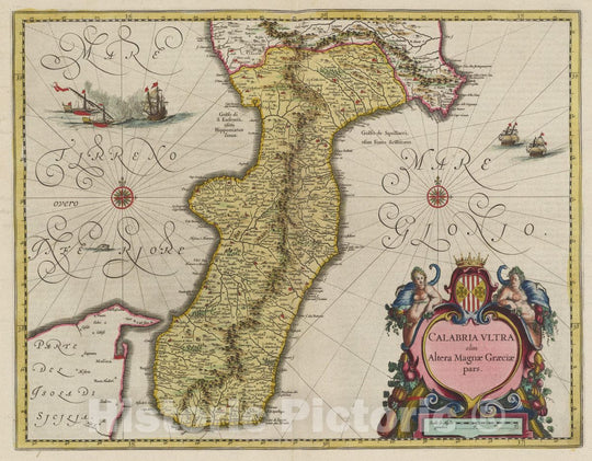 Historic Map : Italy, Calabria Region (Italy) Atlas Maior Sive Cosmographia Blaviana, Calabria Vltra, 1665 Atlas , Vintage Wall Art