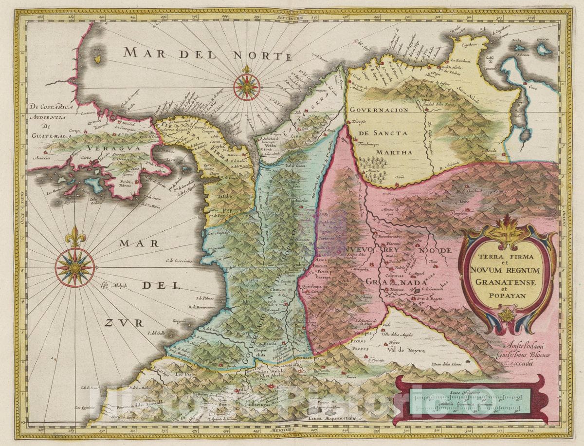 Historic Map : Venezuela, , South America Terra Firma et Novum Regnum Granatense et Popayan, 1665 Atlas , Vintage Wall Art