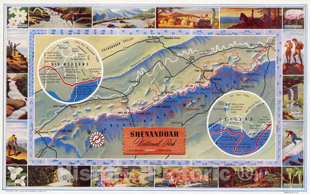 1947 Pictorial Map - Shenandoah National Park. Copyright 1947, Lauk and Company, Luray, Va. Made in U.S.A. (Insets) Bid Meadows. (with) Skyland. - Vintage Wall Art