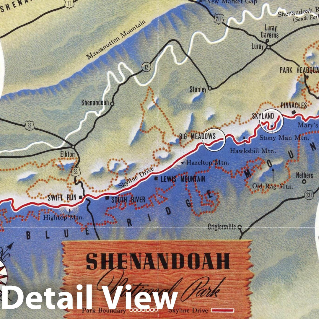 1947 Pictorial Map - Shenandoah National Park. Copyright 1947, Lauk and Company, Luray, Va. Made in U.S.A. (Insets) Bid Meadows. (with) Skyland. - Vintage Wall Art