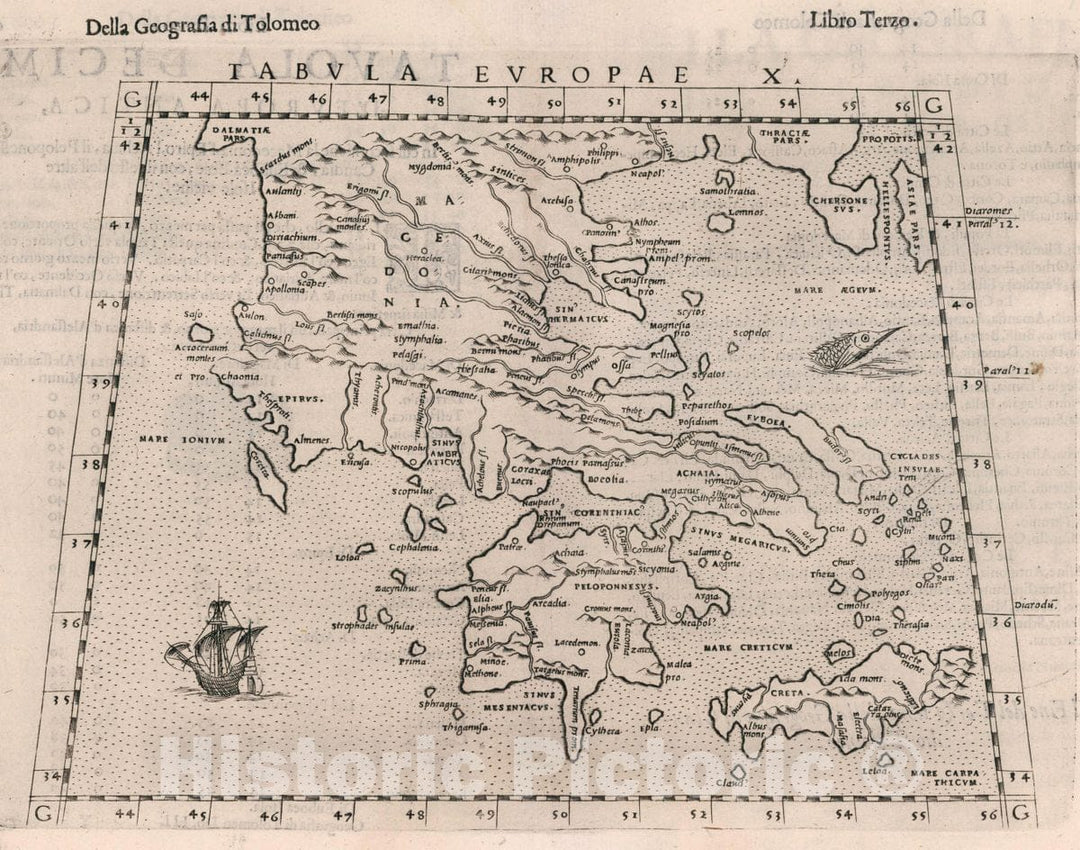 Historic Map : Greece, Cyprus, Europe Tabula Europae X. Della Geografia di Tolomeo. Libro Terzo, 1599 Atlas , Vintage Wall Art