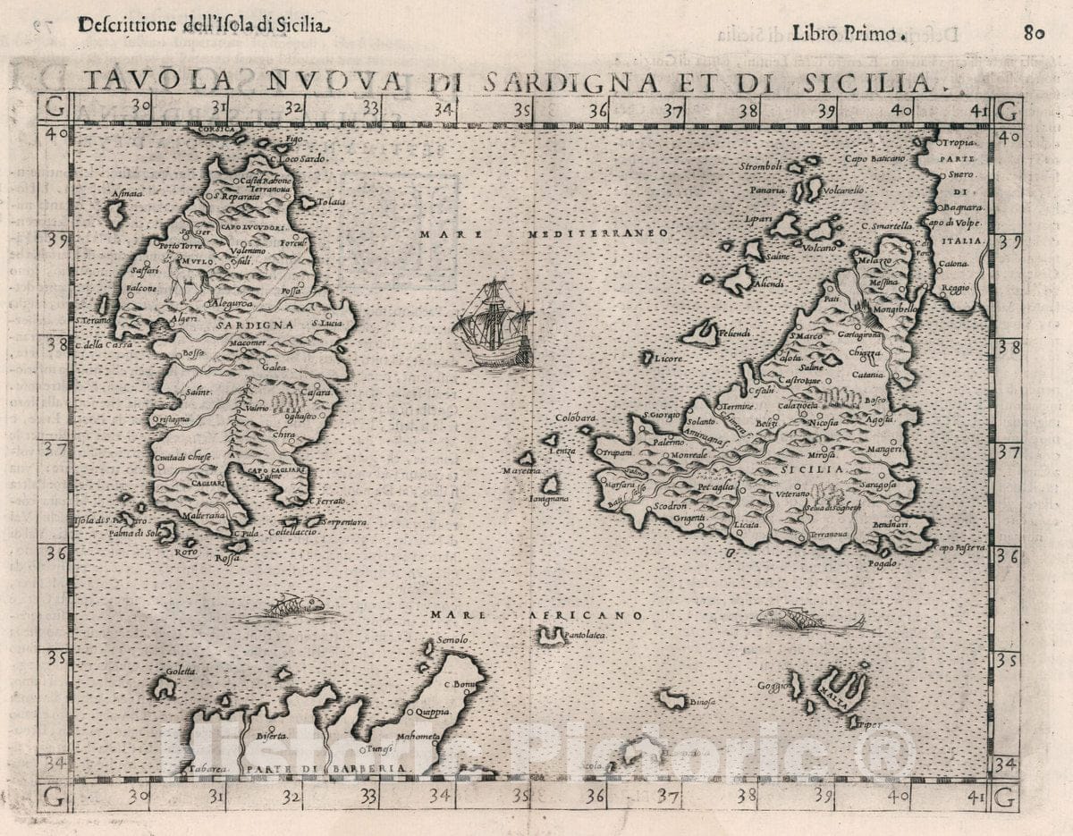 Historic Map : Italy, Sardinia (Italy), Europe Tavola Nuova Di Sardigna Et Di Sicilia, 1599 Atlas , Vintage Wall Art