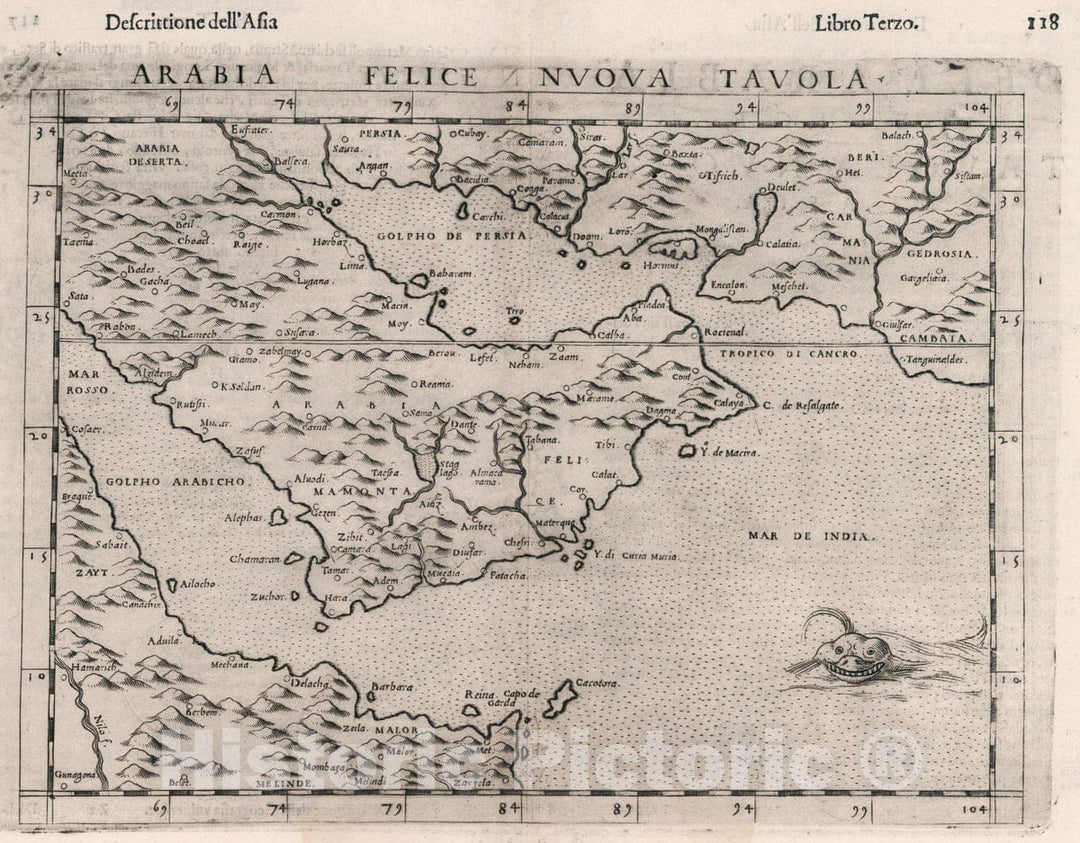 Historic Map : Saudi Arabia, Middle East, Asia Arabia Felice Nvova Tavola. Descrittione dell' Asia. Libro Trezo, 1599 Atlas , Vintage Wall Art