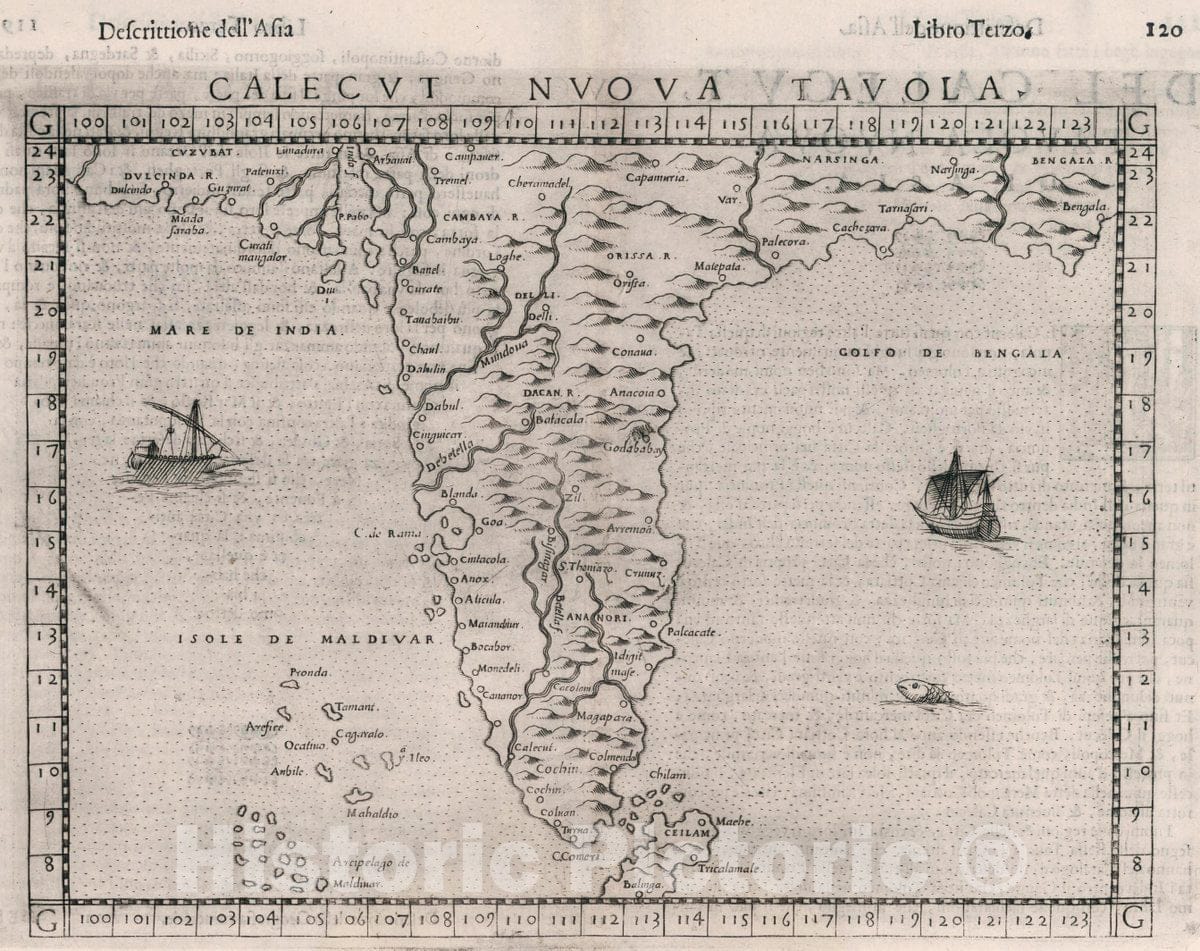 Historic Map : India, , Asia Calecvt Nvova Tavola. Descrittione dell' Asia. Libro Trezo, 1599 Atlas , Vintage Wall Art