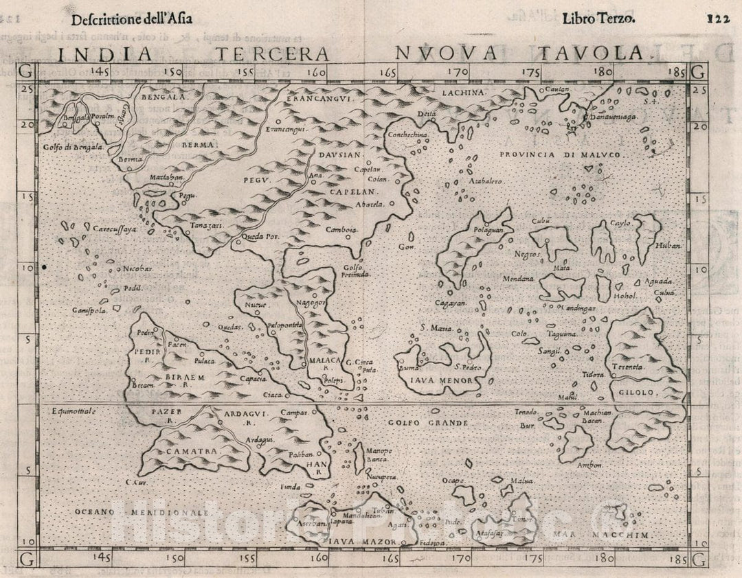 Historic Map : Indonesia, Southeast Asia India Tercera Nuova Tavola. Descrittione dell' Asia. Libro Trezo, 1599 Atlas , Vintage Wall Art