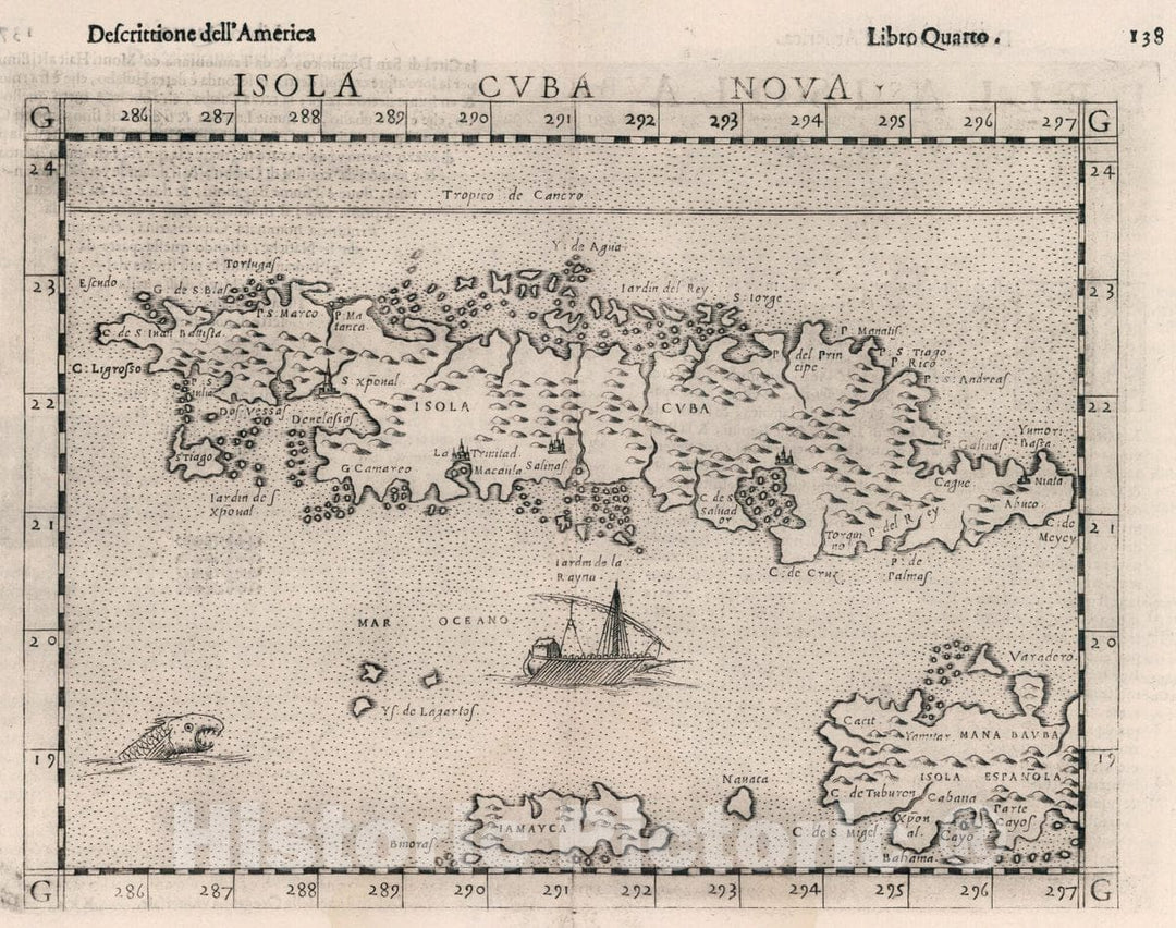 Historic Map : Cuba, Isola Cvba nova. Descrittione dell'America. Libro Quarto, 1599 Atlas , Vintage Wall Art