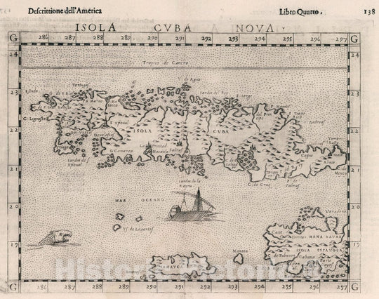 Historic Map : Cuba, Isola Cvba nova. Descrittione dell'America. Libro Quarto, 1599 Atlas , Vintage Wall Art