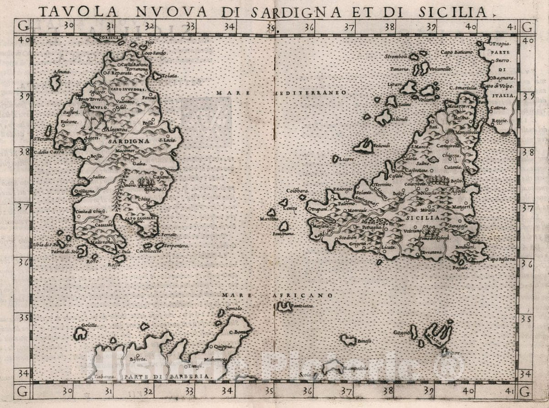 Historic Map : Italy, Sardinia (Italy) Tavola Nuova Di Sardigna Et Di Sicilia, 1561 Atlas , Vintage Wall Art