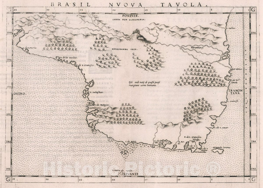 Historic Map : Brazil, , South America Brasil Nvova tavola. Brasile. Trentesima tavola nvova, 1561 Atlas , Vintage Wall Art