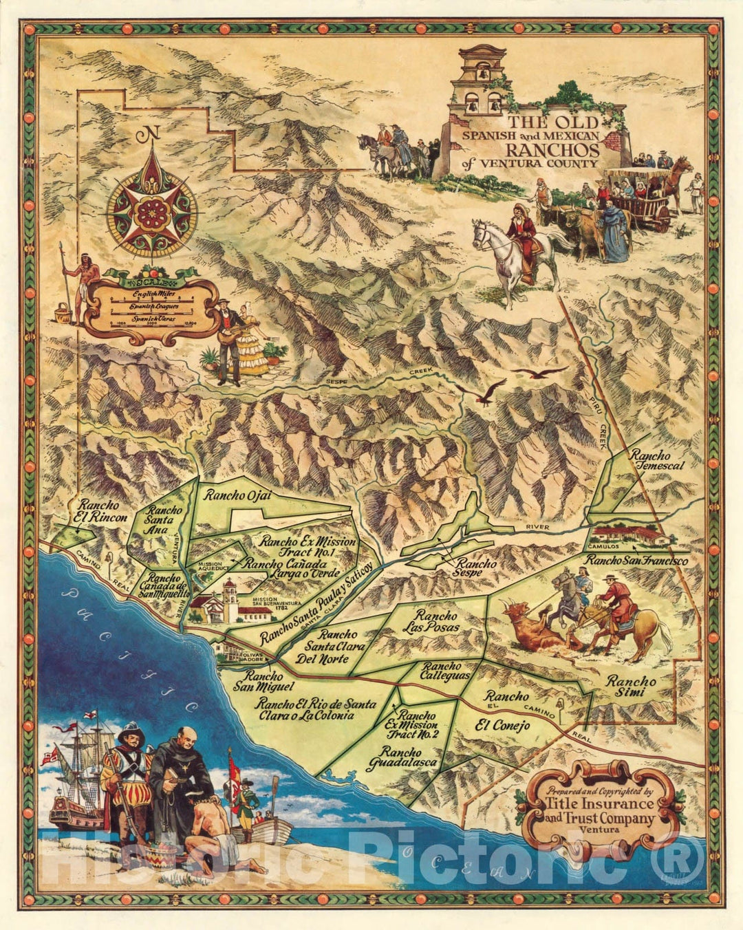 Historic Map : The Old Spanish and Mexican Ranchos of Ventura County, 1965 Pictorial Map - Vintage Wall Art