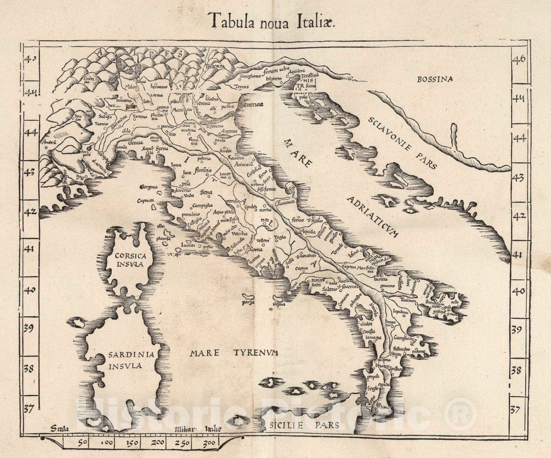 Historic Map : Italy, Tabula nouae Italiae. Claudii Ptolemaei Alexandrini Geographicae enarrationis libri octo. Sed ad Graeca, 1541 Atlas , Vintage Wall Art