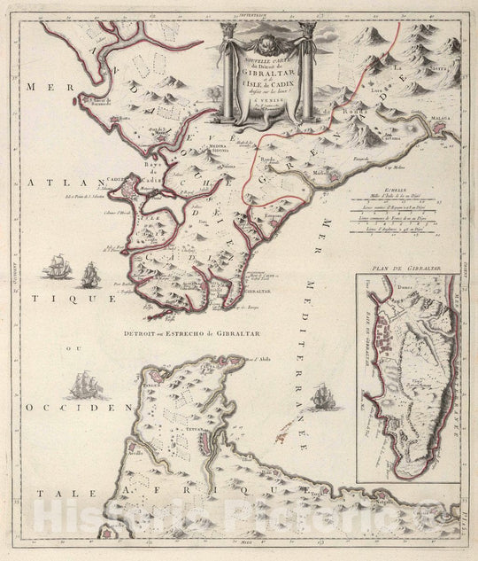 Historic Map : Gibraltar , Spain 8-2. Nouvelle Carte du Detroit de Gilbraltar et de Isle de Cadix, 1784 Atlas , Vintage Wall Art