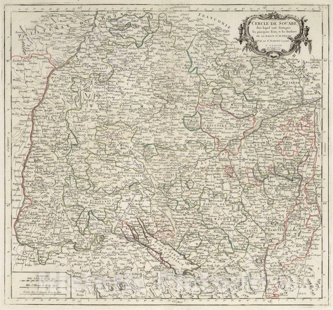 Historic Map : Swabia , Germany Atlas Universel dresse sur des Meillieures Cartes Modernes 1784. 32. Cercle de Souabe, 1778 Atlas , Vintage Wall Art