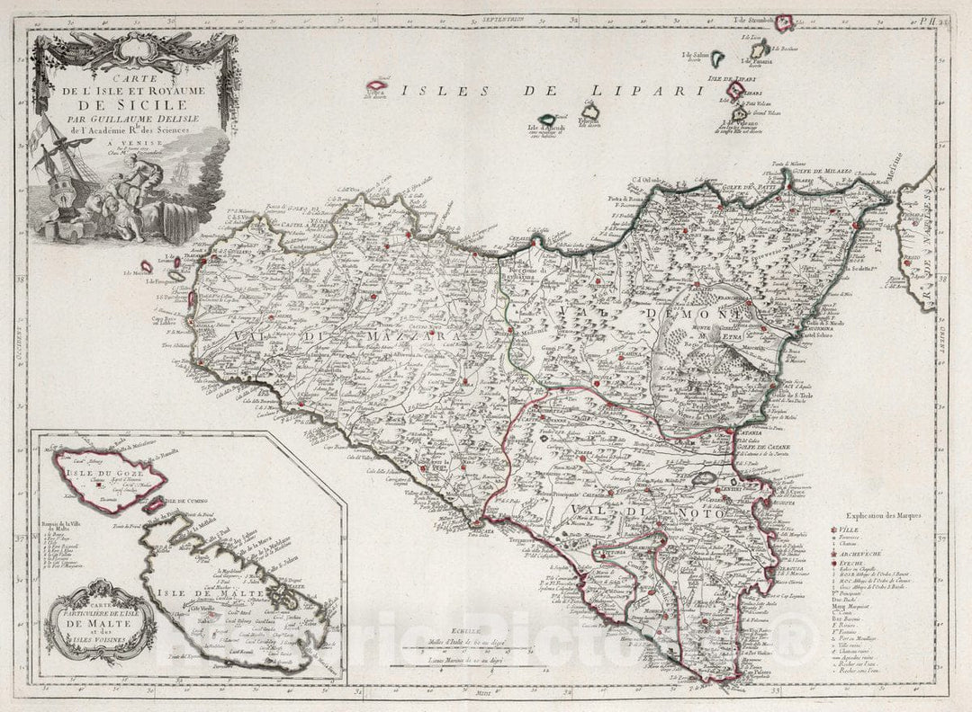 Historic Map : Sicily (Italy) 25. Carte de l'Isle et Royaume de Sicile, 1779 Atlas , Vintage Wall Art