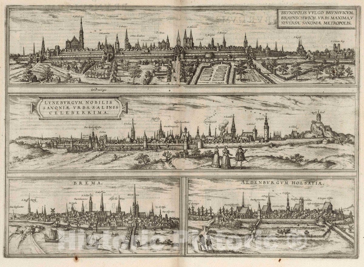 Historic Map : Braunschweig , Germany,Braunschweig, Luneburgum (Luneburg). Brema (Bremen). Aldenburgum Holsatiae (Oldenburg/Holstein), 1575 Atlas , Vintage Wall Art