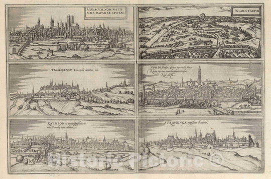 Historic Map : Munich , Germany,Munchen, Ingolstadt, Frisingensis (Freising). Nordlinga (Nordligen). Ratispona (Regensburg). Stravbinga (Straubing), 1577 , Vintage Wall Art