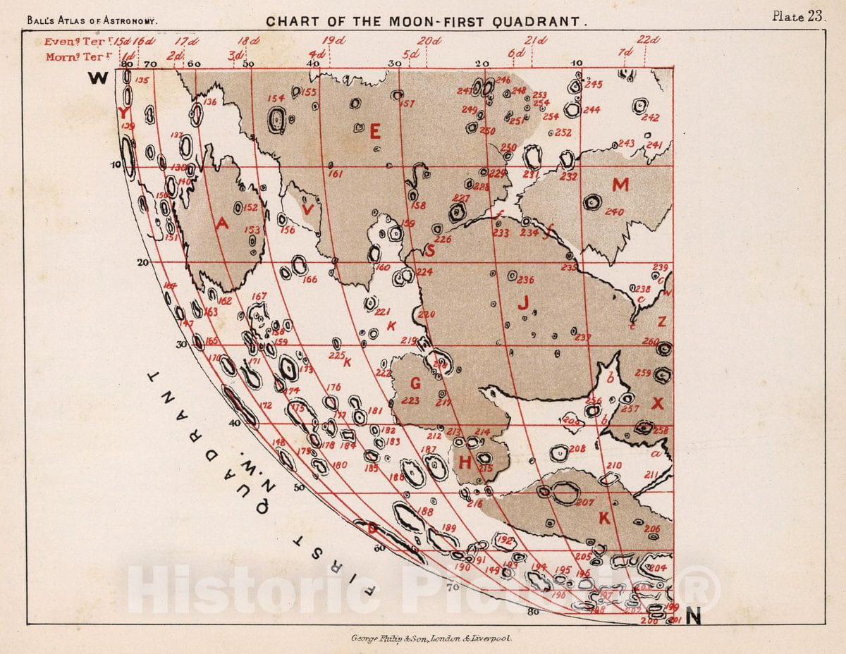 Historic Map : 23. Chart of The Moon - First Quadrant, 1892 Celestial Atlas - Vintage Wall Art