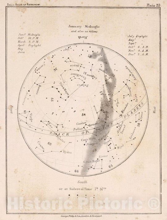 Historic Map : 39. Stars: January Midnight, 1892 Celestial Atlas - Vintage Wall Art