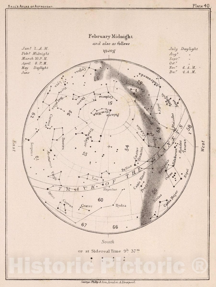 Historic Map : 40. Stars: February Midnight, 1892 Celestial Atlas - Vintage Wall Art